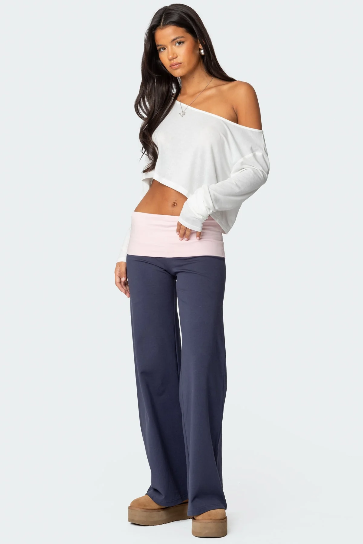 Wide Leg Contrast Foldover Trousers - Image 3