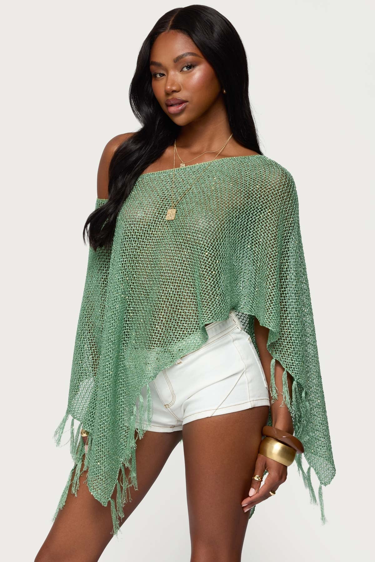 Sequin Fringe Knit Poncho - Image 4
