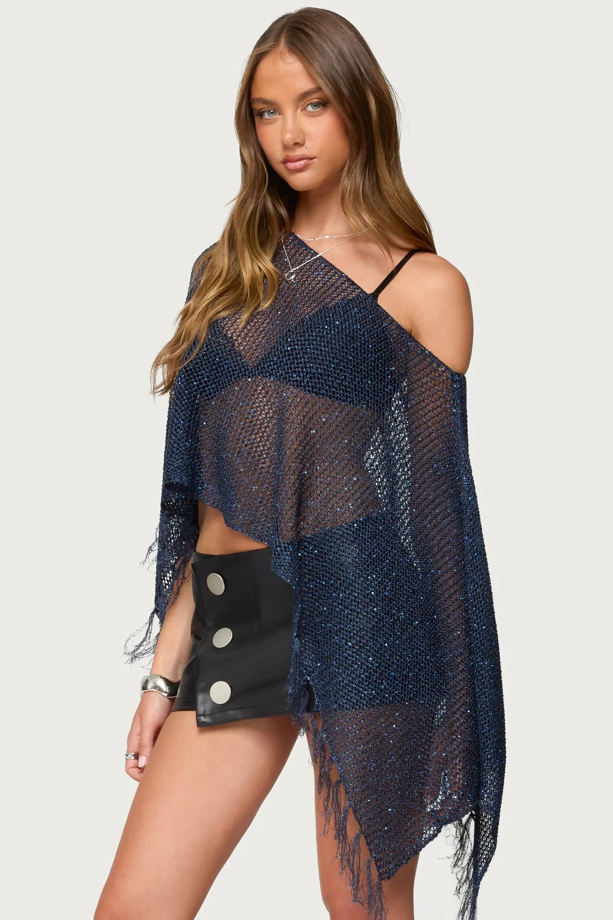 Sequin Fringe Knit Poncho - Image 3
