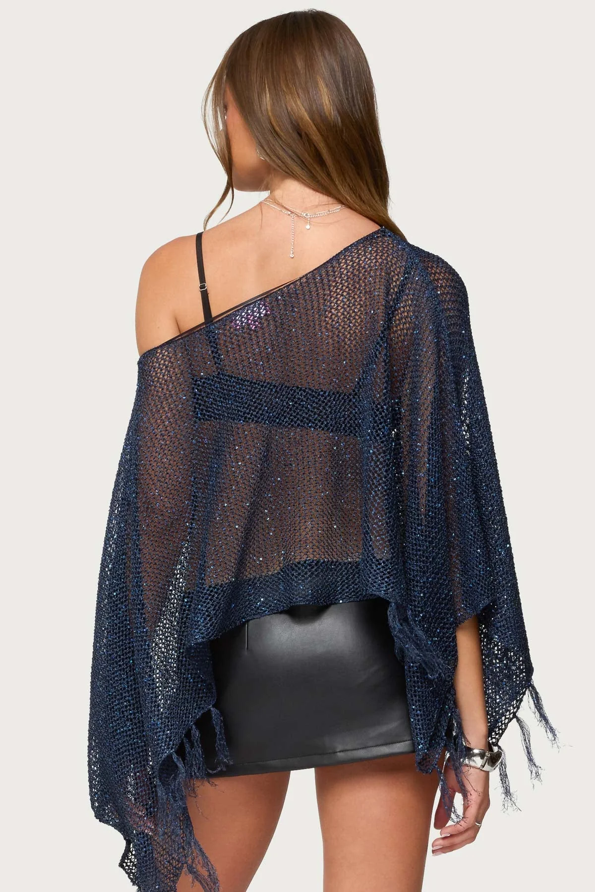 Sequin Fringe Knit Poncho - Image 4