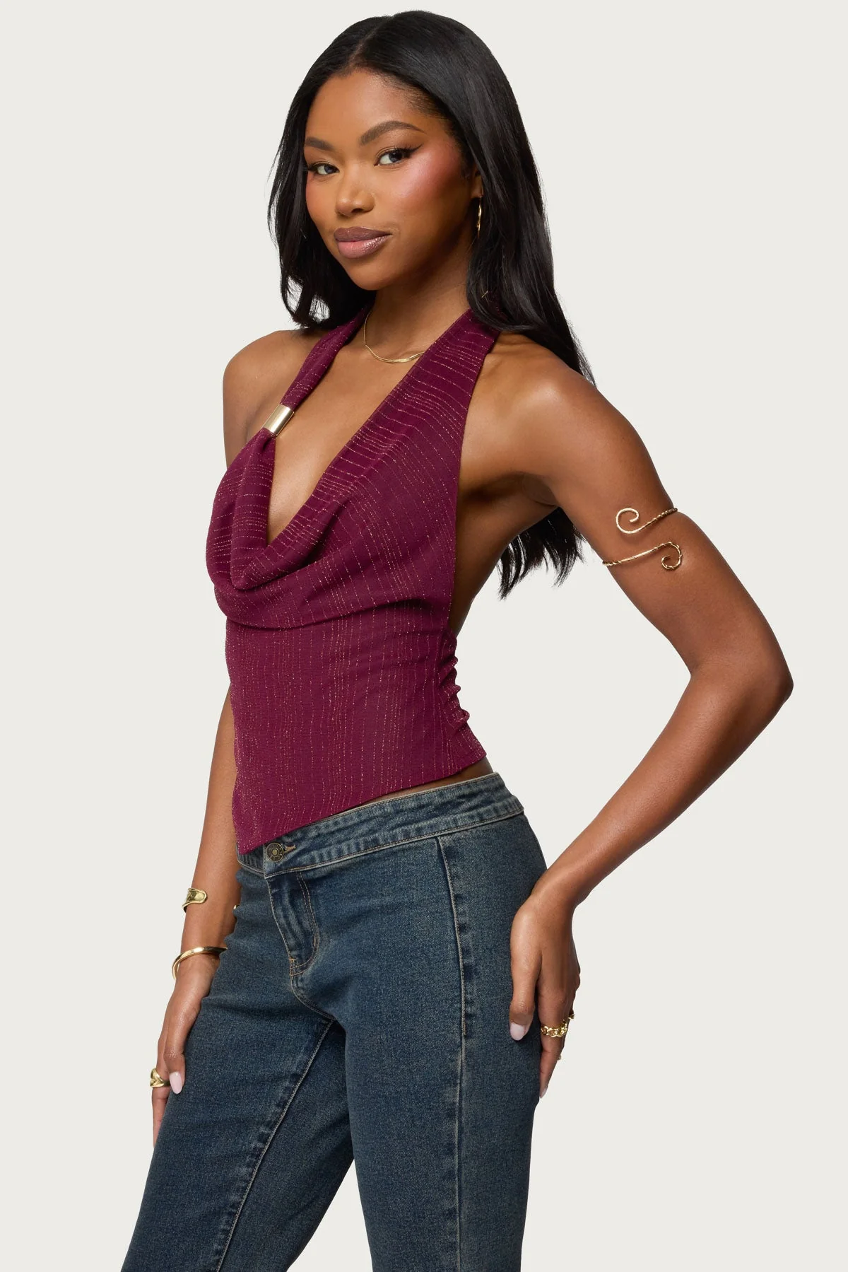 Mimi Asymmetric Textured Mesh Halter Top - Image 3
