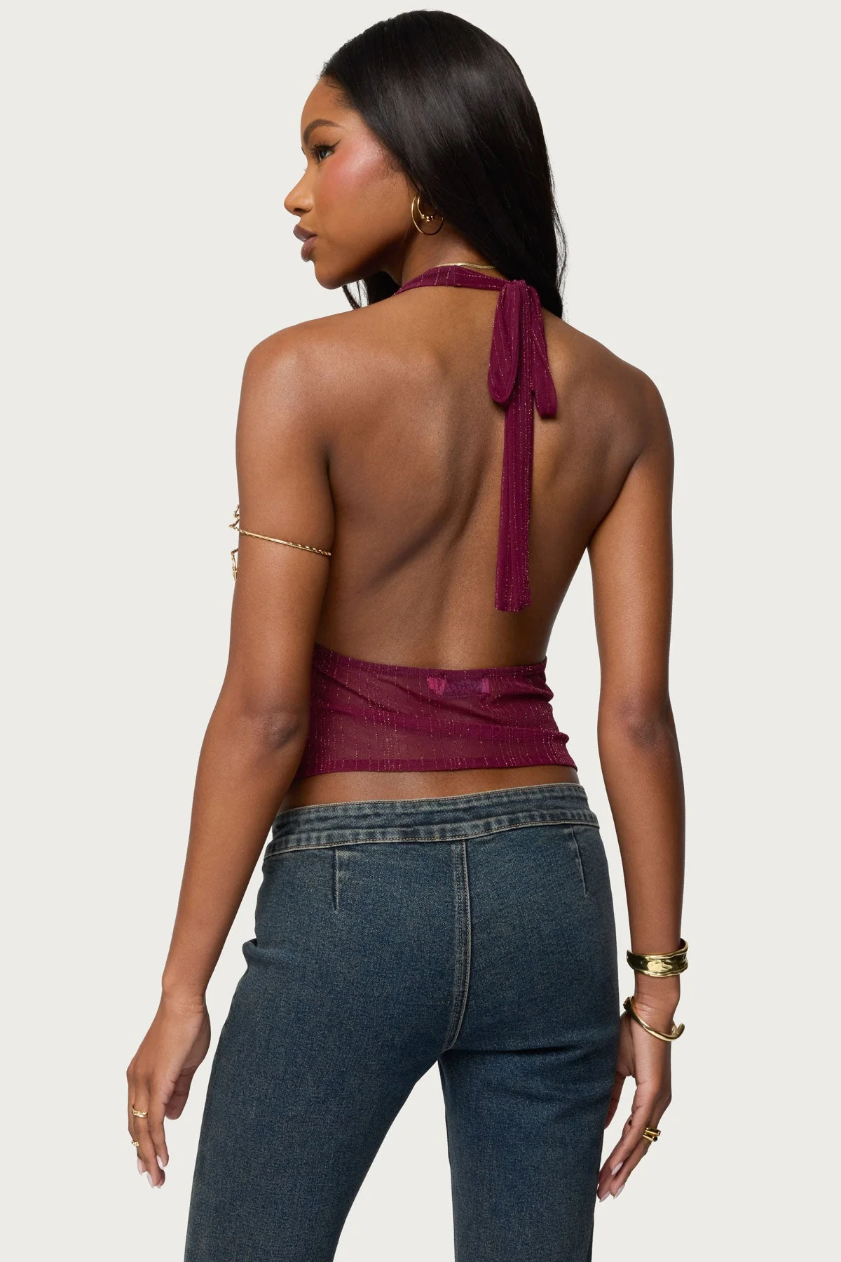 Mimi Asymmetric Textured Mesh Halter Top - Image 5