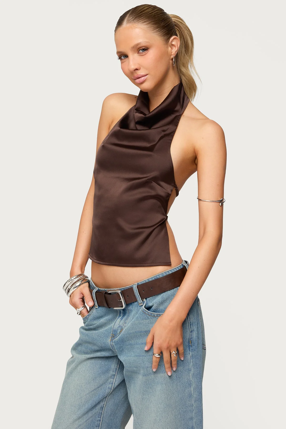 Satin Effect Backless Cowl Neck Top - Image 4