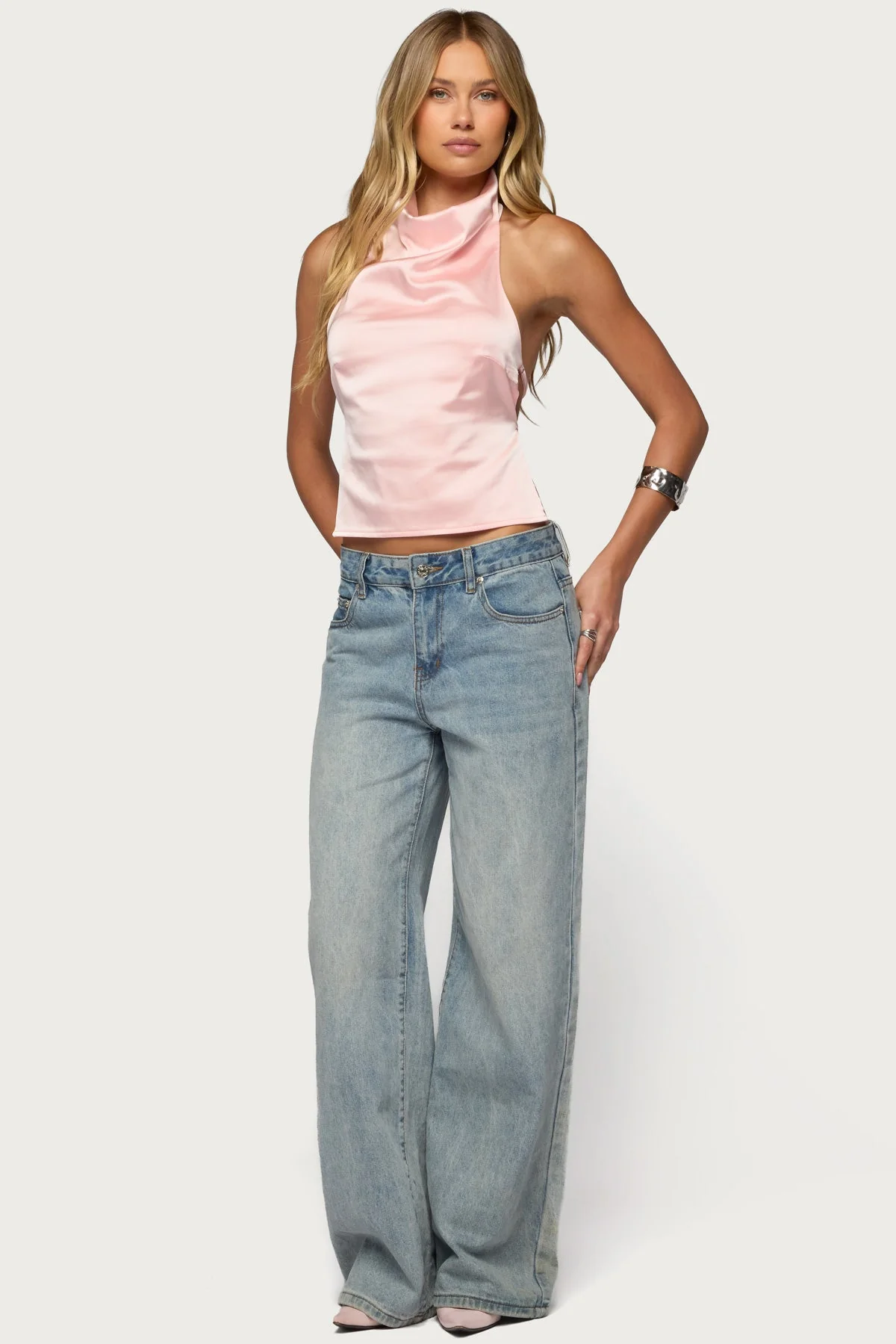 Satin Effect Backless Cowl Neck Top - Image 4