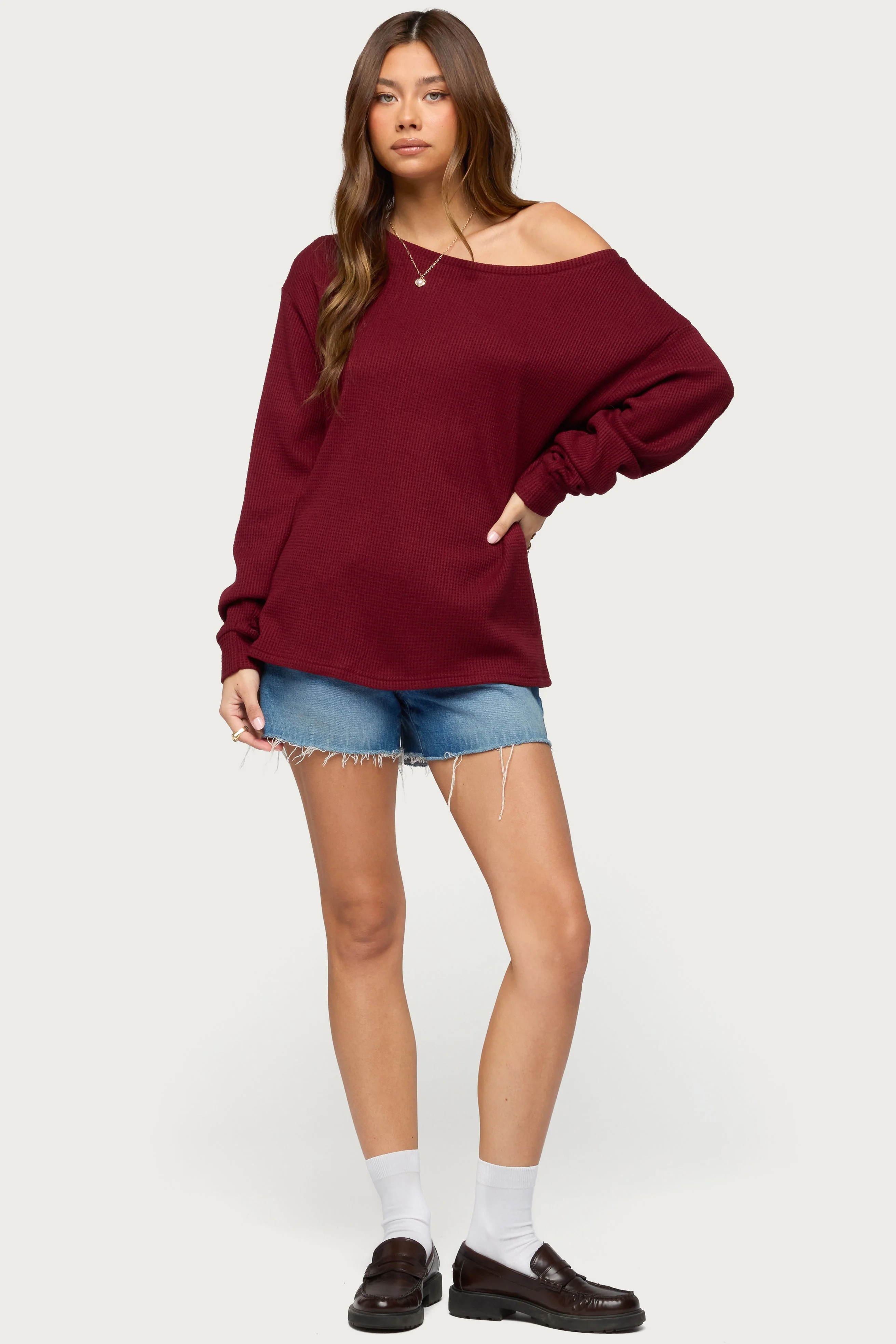 Damari Off Shoulder Oversized Waffle Top - Image 4